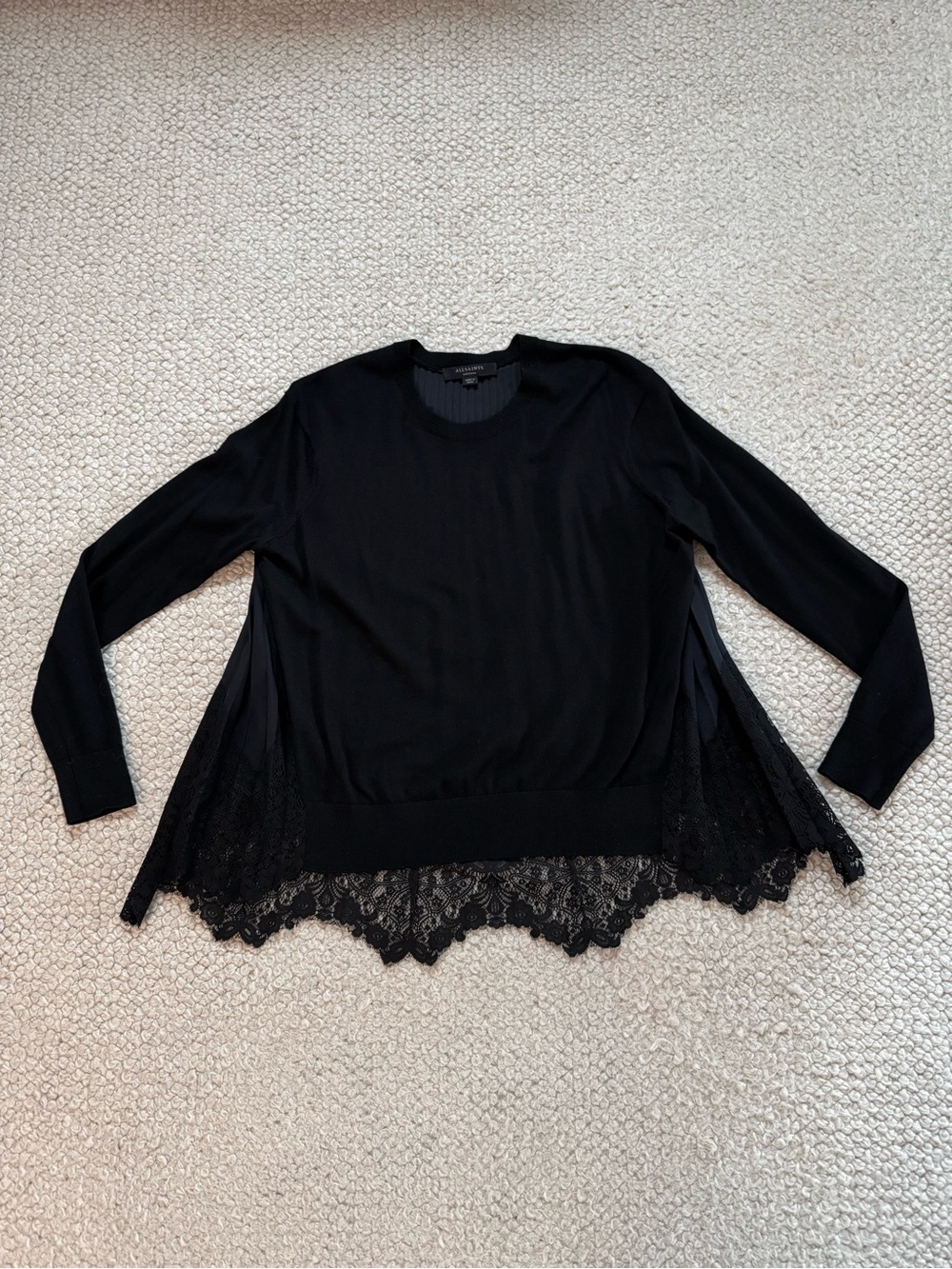 All Saints Black Lace-Hem Crewneck Sweater